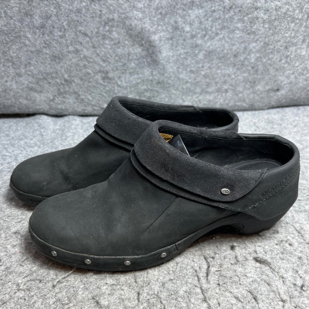 Merrell Womens Black Leather Clogs Suede Trim Studded Slip On Mules Shoes Sz 10